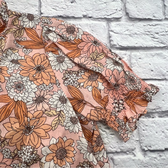 J. Crew Puff Sleeve Linen Top Zinnia Flora Peach White Floral Size Small Smocked - Picture 3 of 10